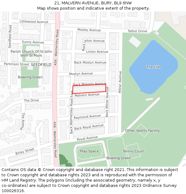 21, MALVERN AVENUE, BURY, BL9 6NW: Location map and indicative extent of plot