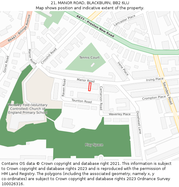 21, MANOR ROAD, BLACKBURN, BB2 6LU: Location map and indicative extent of plot
