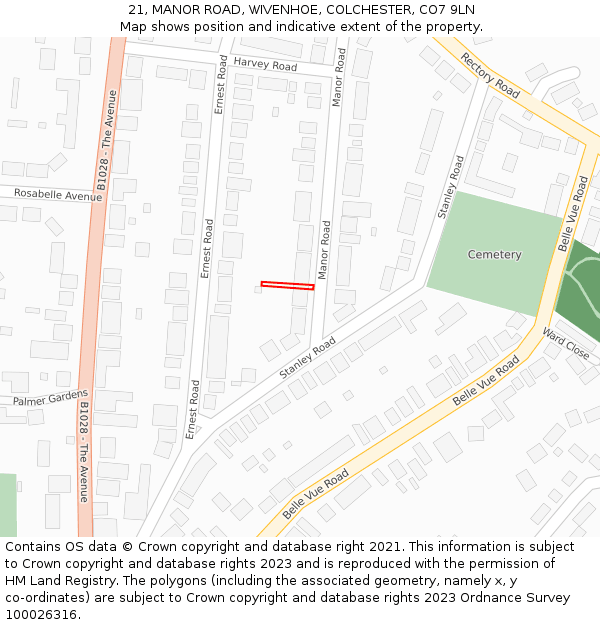 21, MANOR ROAD, WIVENHOE, COLCHESTER, CO7 9LN: Location map and indicative extent of plot