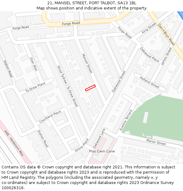 21, MANSEL STREET, PORT TALBOT, SA13 1BL: Location map and indicative extent of plot