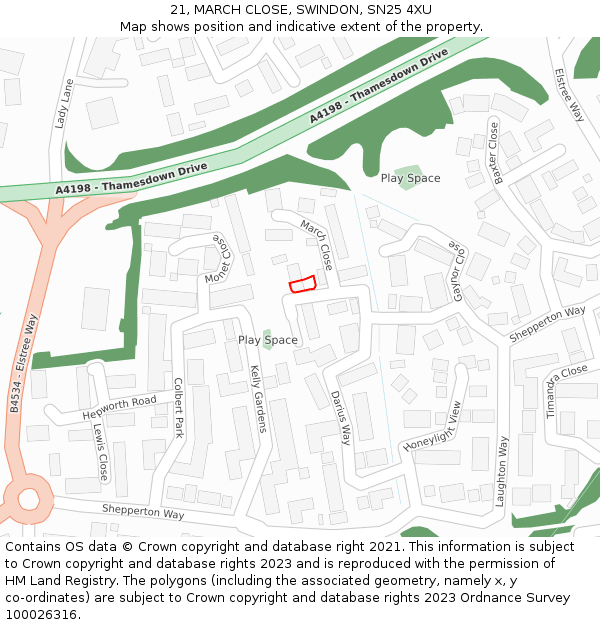 21, MARCH CLOSE, SWINDON, SN25 4XU: Location map and indicative extent of plot