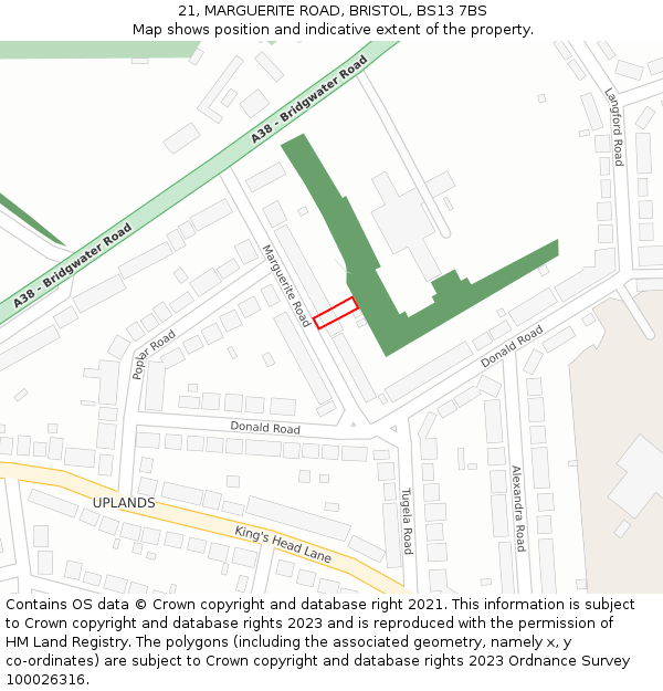 21, MARGUERITE ROAD, BRISTOL, BS13 7BS: Location map and indicative extent of plot