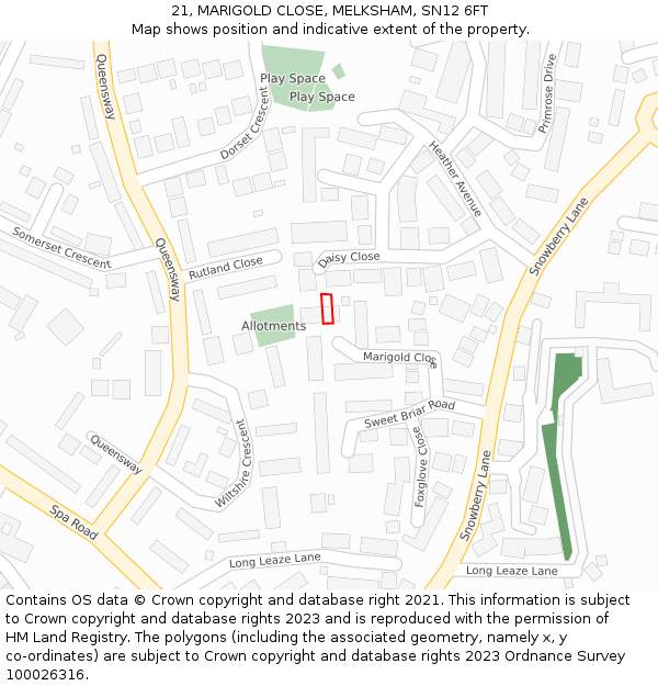 21, MARIGOLD CLOSE, MELKSHAM, SN12 6FT: Location map and indicative extent of plot