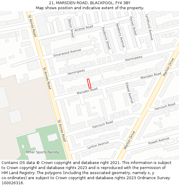 21, MARSDEN ROAD, BLACKPOOL, FY4 3BY: Location map and indicative extent of plot