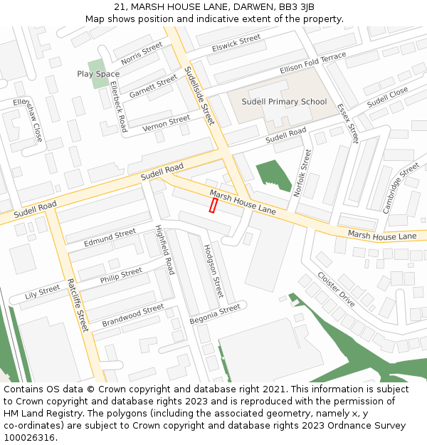 21, MARSH HOUSE LANE, DARWEN, BB3 3JB: Location map and indicative extent of plot