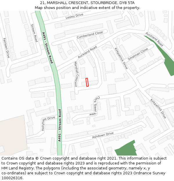 21, MARSHALL CRESCENT, STOURBRIDGE, DY8 5TA: Location map and indicative extent of plot