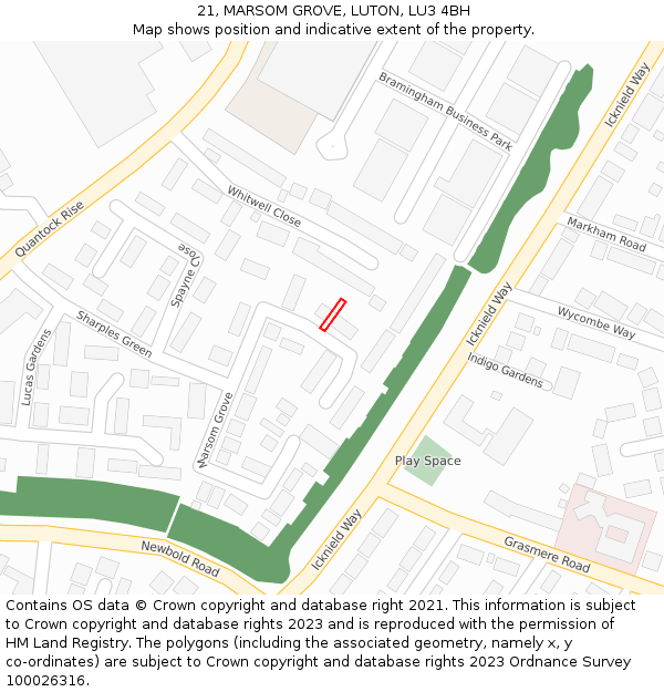 21, MARSOM GROVE, LUTON, LU3 4BH: Location map and indicative extent of plot