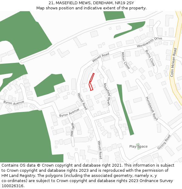 21, MASEFIELD MEWS, DEREHAM, NR19 2SY: Location map and indicative extent of plot