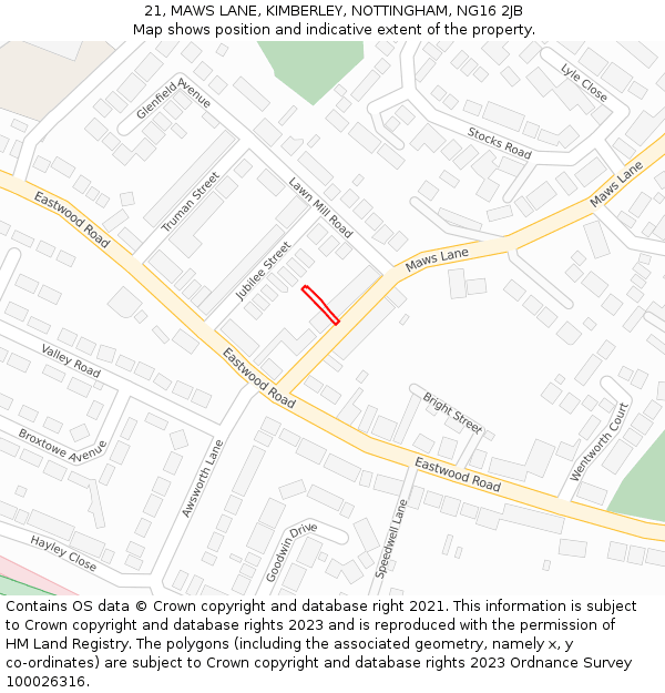 21, MAWS LANE, KIMBERLEY, NOTTINGHAM, NG16 2JB: Location map and indicative extent of plot