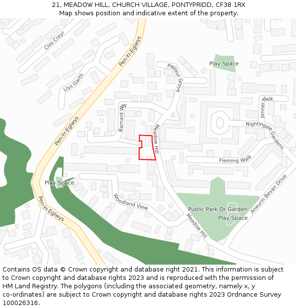 21, MEADOW HILL, CHURCH VILLAGE, PONTYPRIDD, CF38 1RX: Location map and indicative extent of plot