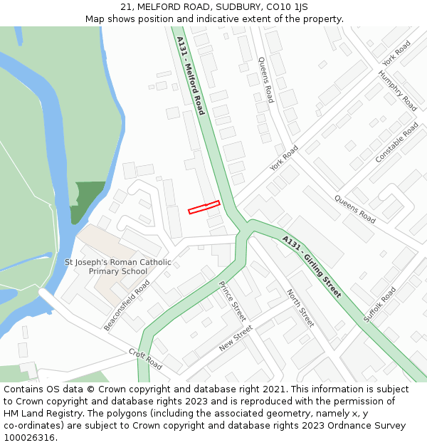 21, MELFORD ROAD, SUDBURY, CO10 1JS: Location map and indicative extent of plot