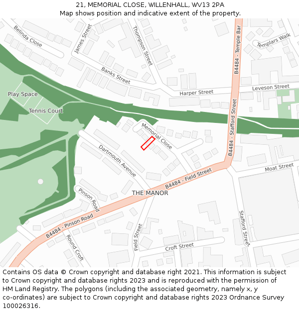 21, MEMORIAL CLOSE, WILLENHALL, WV13 2PA: Location map and indicative extent of plot