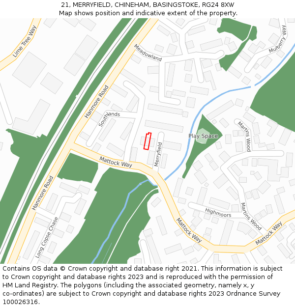 21, MERRYFIELD, CHINEHAM, BASINGSTOKE, RG24 8XW: Location map and indicative extent of plot