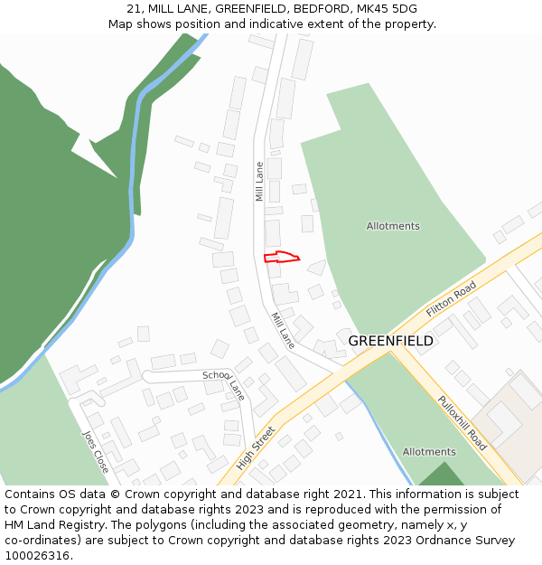 21, MILL LANE, GREENFIELD, BEDFORD, MK45 5DG: Location map and indicative extent of plot