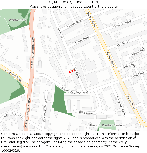 21, MILL ROAD, LINCOLN, LN1 3JJ: Location map and indicative extent of plot