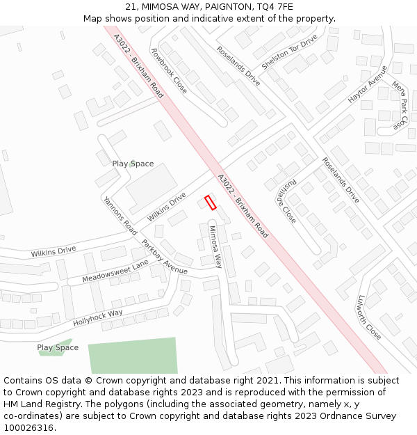 21, MIMOSA WAY, PAIGNTON, TQ4 7FE: Location map and indicative extent of plot