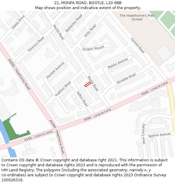 21, MONFA ROAD, BOOTLE, L20 6BB: Location map and indicative extent of plot
