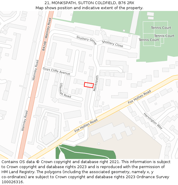21, MONKSPATH, SUTTON COLDFIELD, B76 2RX: Location map and indicative extent of plot