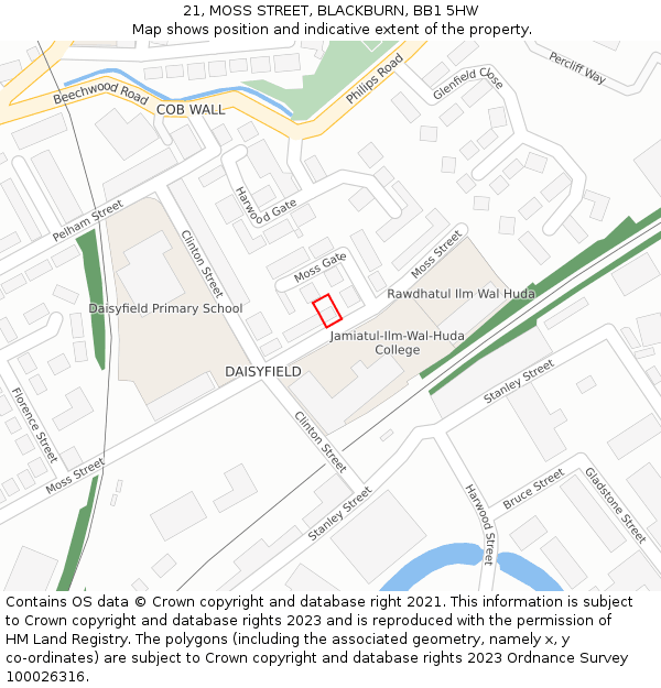 21, MOSS STREET, BLACKBURN, BB1 5HW: Location map and indicative extent of plot