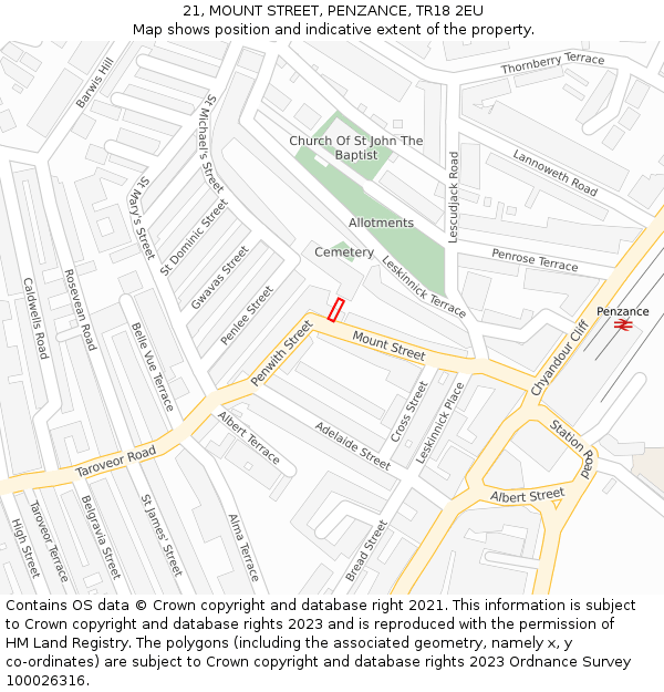 21, MOUNT STREET, PENZANCE, TR18 2EU: Location map and indicative extent of plot