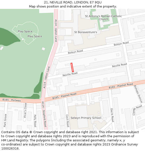 21, NEVILLE ROAD, LONDON, E7 9QU: Location map and indicative extent of plot