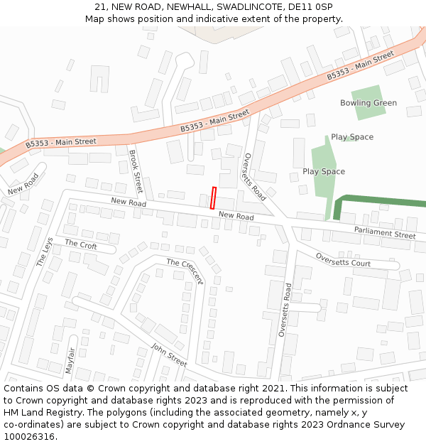 21, NEW ROAD, NEWHALL, SWADLINCOTE, DE11 0SP: Location map and indicative extent of plot