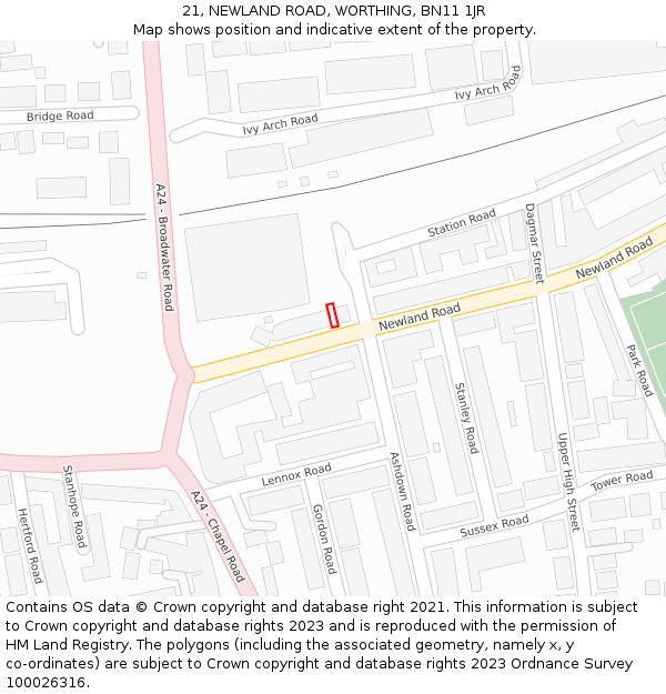 21, NEWLAND ROAD, WORTHING, BN11 1JR: Location map and indicative extent of plot