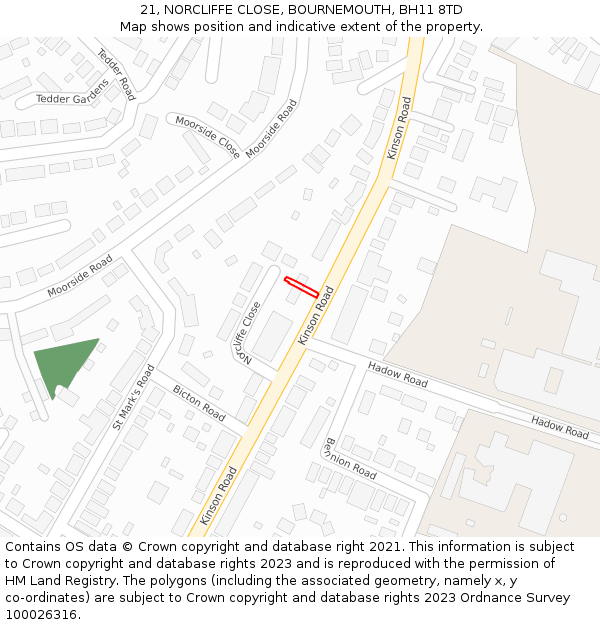 21, NORCLIFFE CLOSE, BOURNEMOUTH, BH11 8TD: Location map and indicative extent of plot
