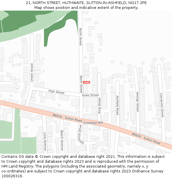 21, NORTH STREET, HUTHWAITE, SUTTON-IN-ASHFIELD, NG17 2PE: Location map and indicative extent of plot