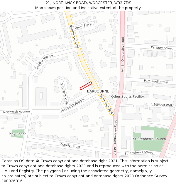 21, NORTHWICK ROAD, WORCESTER, WR3 7DS: Location map and indicative extent of plot
