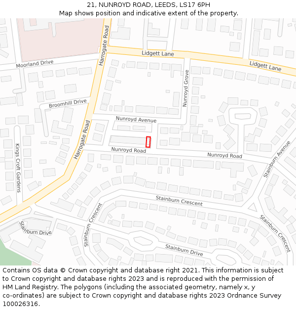 21, NUNROYD ROAD, LEEDS, LS17 6PH: Location map and indicative extent of plot