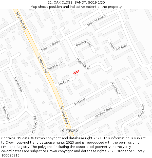 21, OAK CLOSE, SANDY, SG19 1QD: Location map and indicative extent of plot