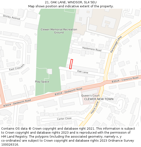 21, OAK LANE, WINDSOR, SL4 5EU: Location map and indicative extent of plot