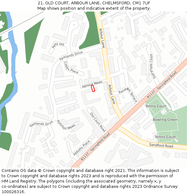 21, OLD COURT, ARBOUR LANE, CHELMSFORD, CM1 7UF: Location map and indicative extent of plot