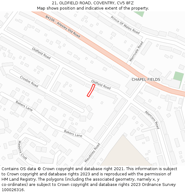 21, OLDFIELD ROAD, COVENTRY, CV5 8FZ: Location map and indicative extent of plot