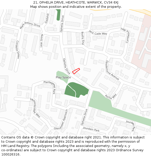 21, OPHELIA DRIVE, HEATHCOTE, WARWICK, CV34 6XJ: Location map and indicative extent of plot