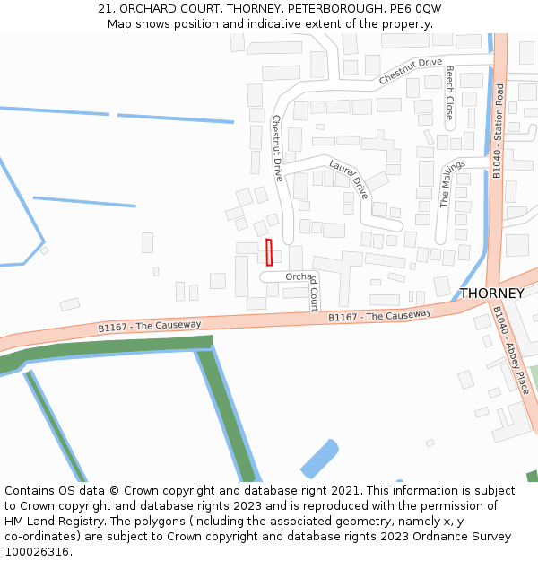 21, ORCHARD COURT, THORNEY, PETERBOROUGH, PE6 0QW: Location map and indicative extent of plot
