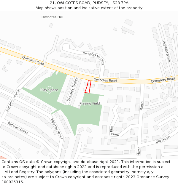 21, OWLCOTES ROAD, PUDSEY, LS28 7PA: Location map and indicative extent of plot