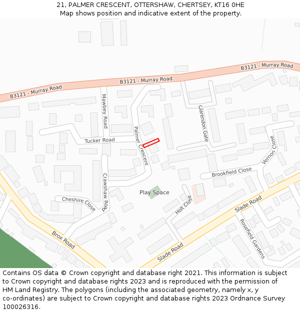 21, PALMER CRESCENT, OTTERSHAW, CHERTSEY, KT16 0HE: Location map and indicative extent of plot