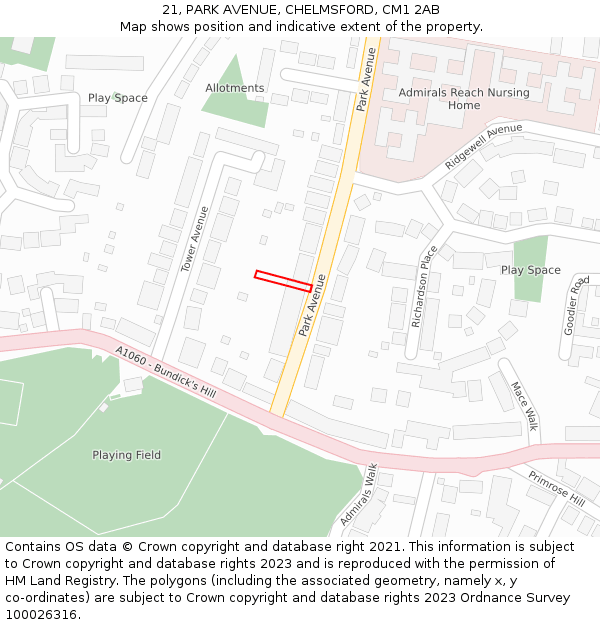 21, PARK AVENUE, CHELMSFORD, CM1 2AB: Location map and indicative extent of plot