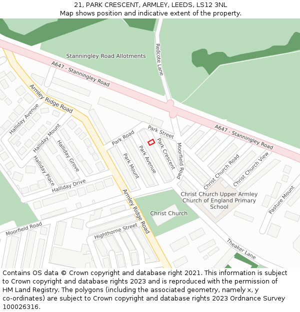 21, PARK CRESCENT, ARMLEY, LEEDS, LS12 3NL: Location map and indicative extent of plot