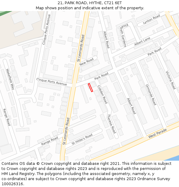 21, PARK ROAD, HYTHE, CT21 6ET: Location map and indicative extent of plot