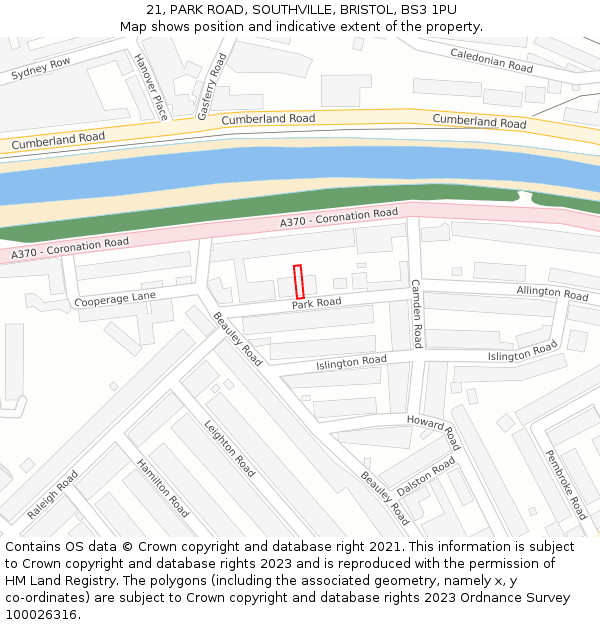 21, PARK ROAD, SOUTHVILLE, BRISTOL, BS3 1PU: Location map and indicative extent of plot