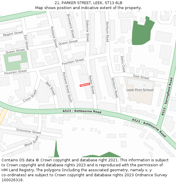 21, PARKER STREET, LEEK, ST13 6LB: Location map and indicative extent of plot