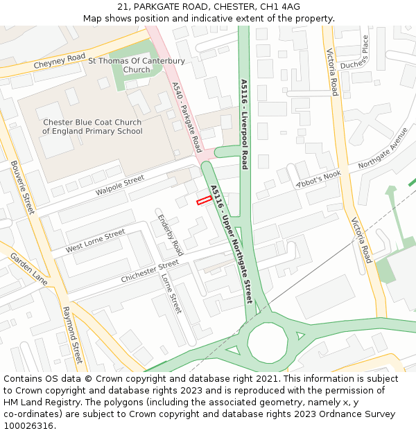 21, PARKGATE ROAD, CHESTER, CH1 4AG: Location map and indicative extent of plot
