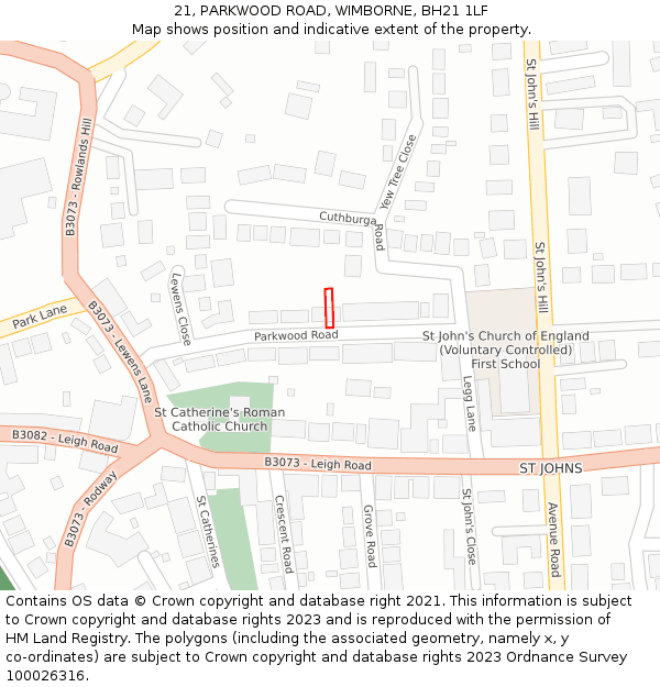 21, PARKWOOD ROAD, WIMBORNE, BH21 1LF: Location map and indicative extent of plot