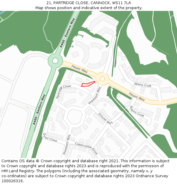 21, PARTRIDGE CLOSE, CANNOCK, WS11 7LA: Location map and indicative extent of plot