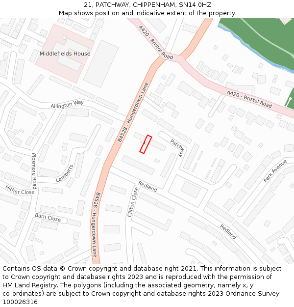 21, PATCHWAY, CHIPPENHAM, SN14 0HZ: Location map and indicative extent of plot
