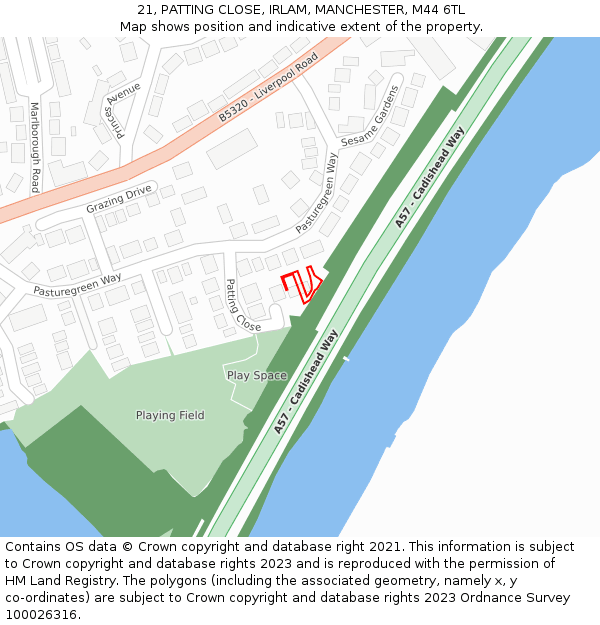 21, PATTING CLOSE, IRLAM, MANCHESTER, M44 6TL: Location map and indicative extent of plot