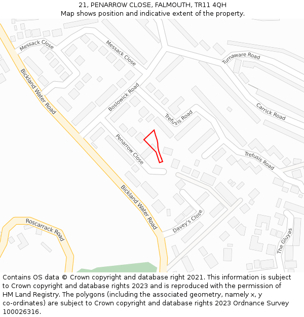 21, PENARROW CLOSE, FALMOUTH, TR11 4QH: Location map and indicative extent of plot